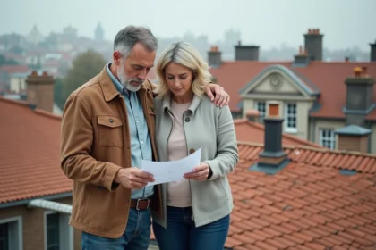 Couple adulte sur un toit urbain en train de lire des documents