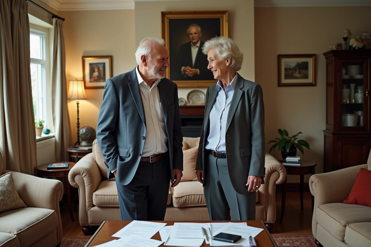 Couple de seniors dans un salon familial discutant d'une succession immobilière