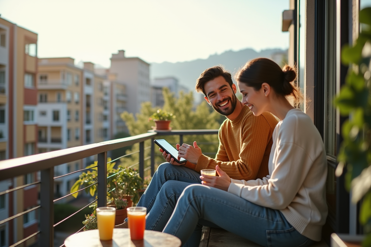 Jeune couple sur terrasse urbaine regardant leur tablette