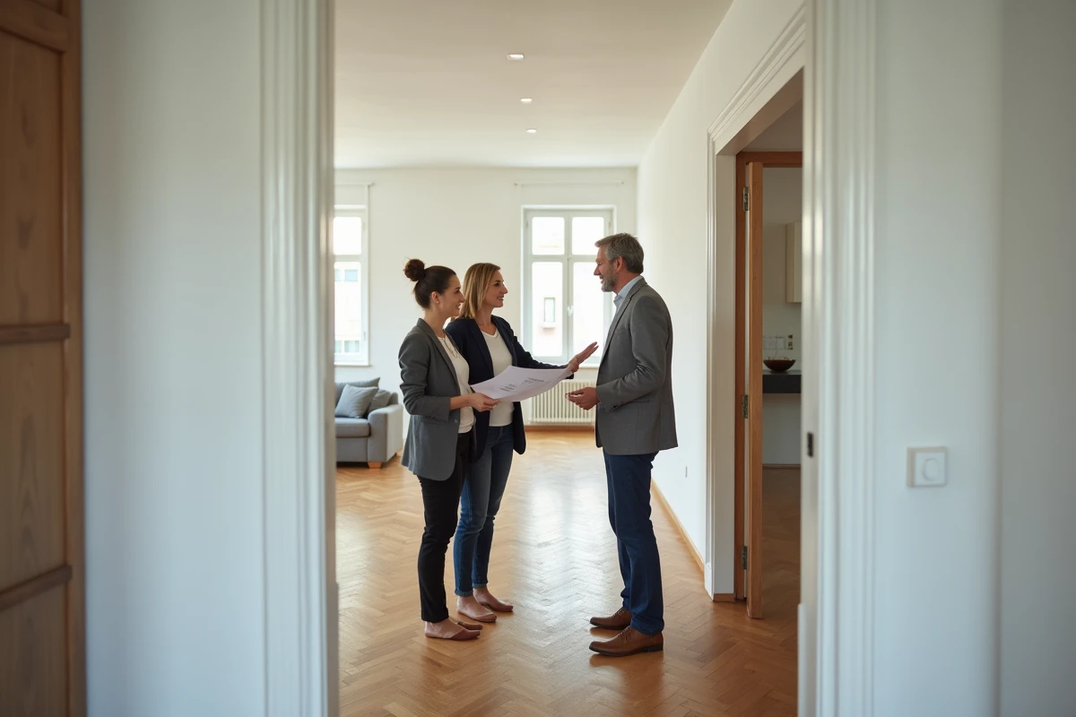 Couple visitant un appartement spacieux avec une agente immobilière dans un logement vide lumineux
