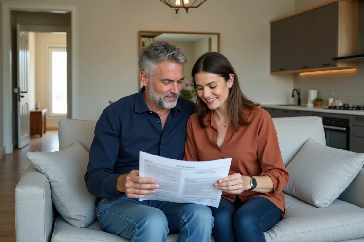 Couple examinant une annonce de location T3 dans le salon d'un appartement trois pièces typique