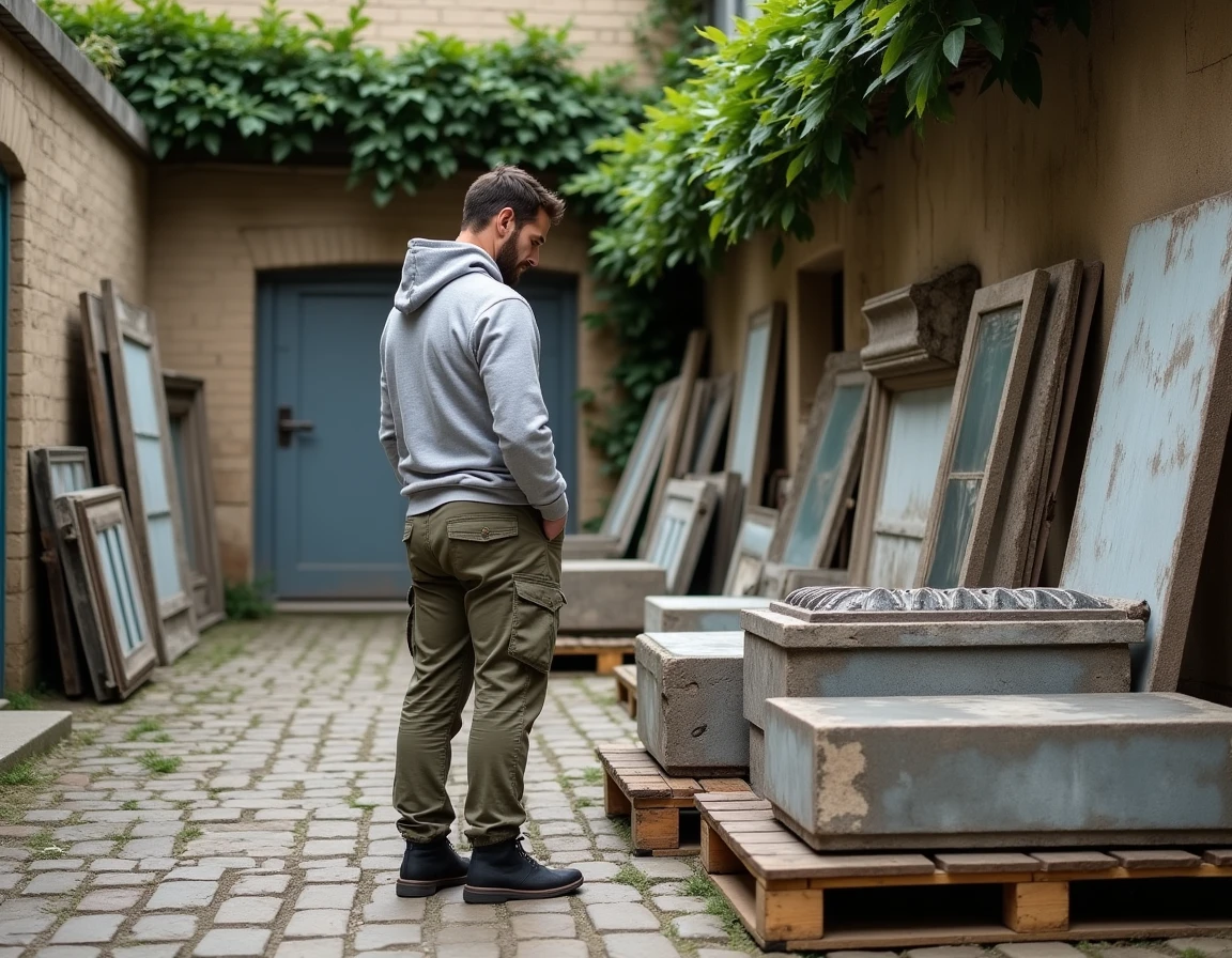 Homme explorant des éléments architecturaux de récupération dans une cour de plateforme de réemploi de matériaux à Paris