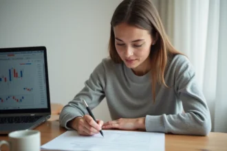 Jeune femme débutante en prop trading étudiant ses premières étapes après inscription, assise à un bureau avec un document et un ordinateur portable ouvert sur une plateforme de trading