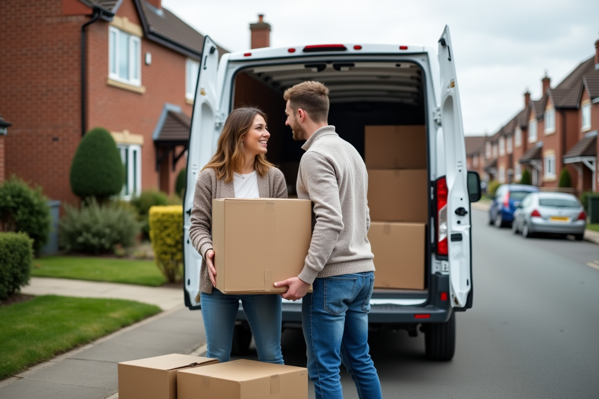 Jeune couple chargeant des cartons dans une camionnette