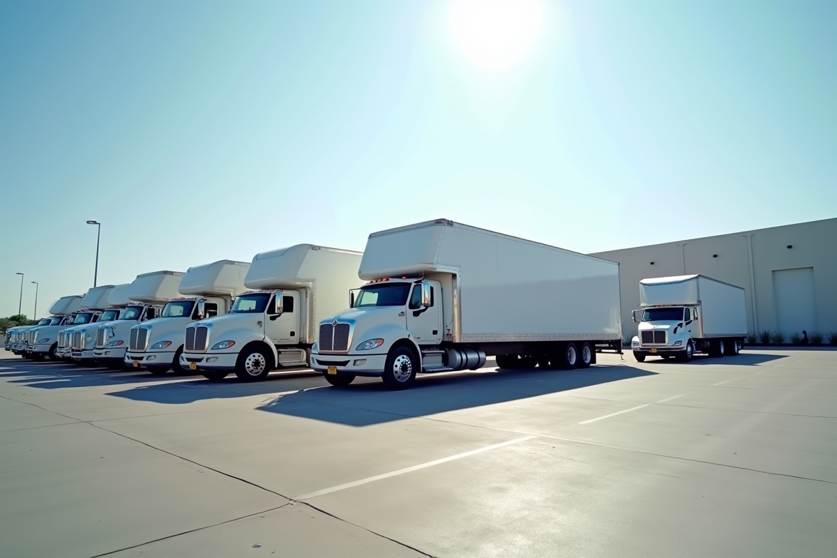 Plusieurs camions de location de tailles variées en journée claire