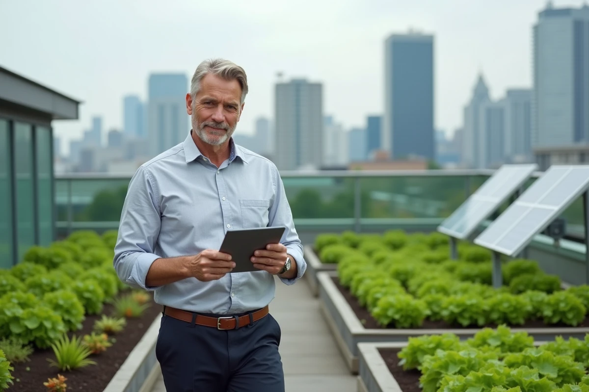 Dirigeant d'entreprise inspectant un jardin sur toiture verte avec suivi numérique de projets durables