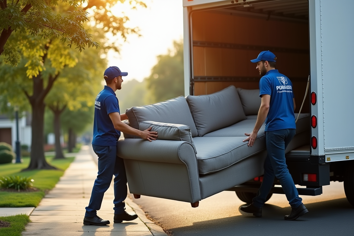 Déménageurs professionnels portant un canapé dans une camionnette