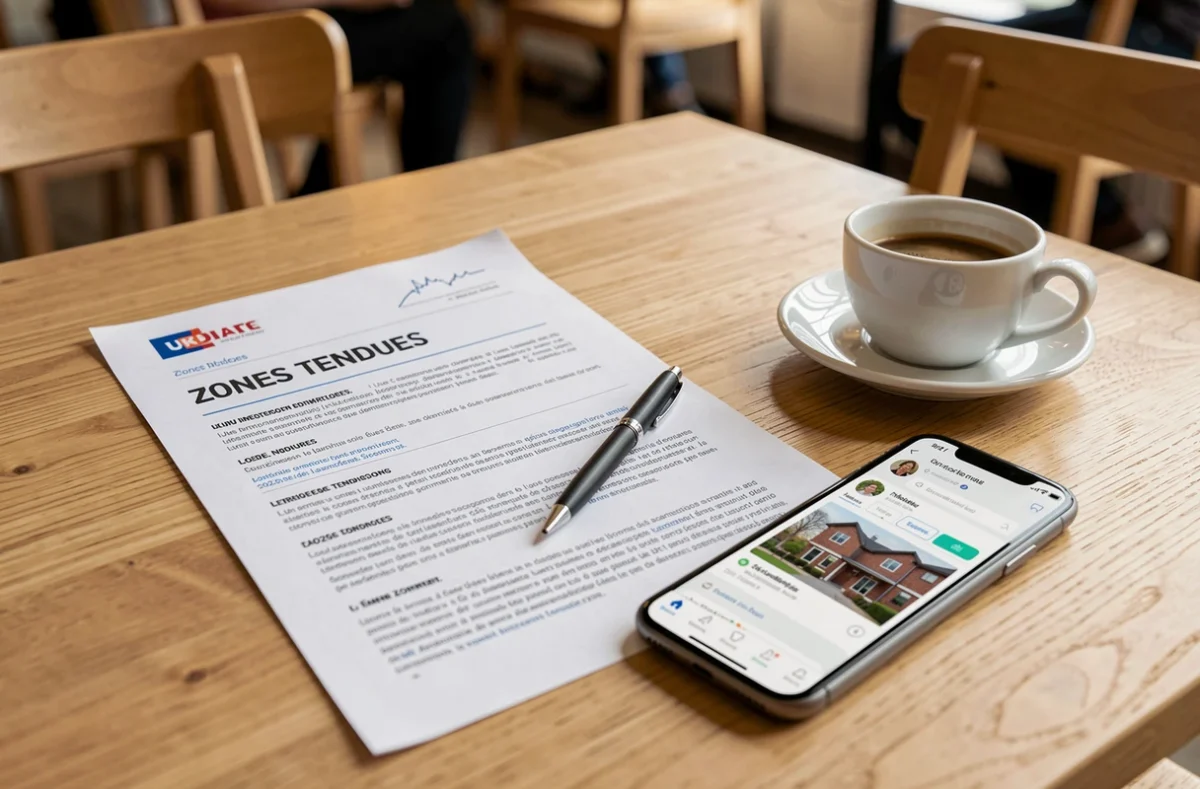 Documents officiels sur les zones tendues 2026 et brochure immobilière sur une table pour un investissement locatif en France