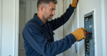 Électricien inspectant un panneau électrique dans un appartement