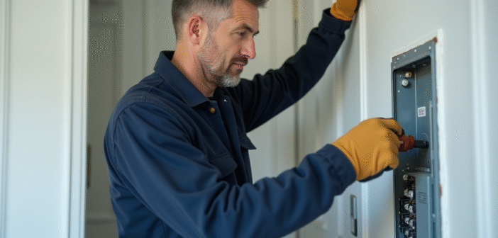 Électricien inspectant un panneau électrique dans un appartement