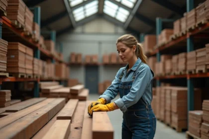 Femme inspectant une poutre en bois de réemploi dans un entrepôt de matériaux de construction récupérés à Paris
