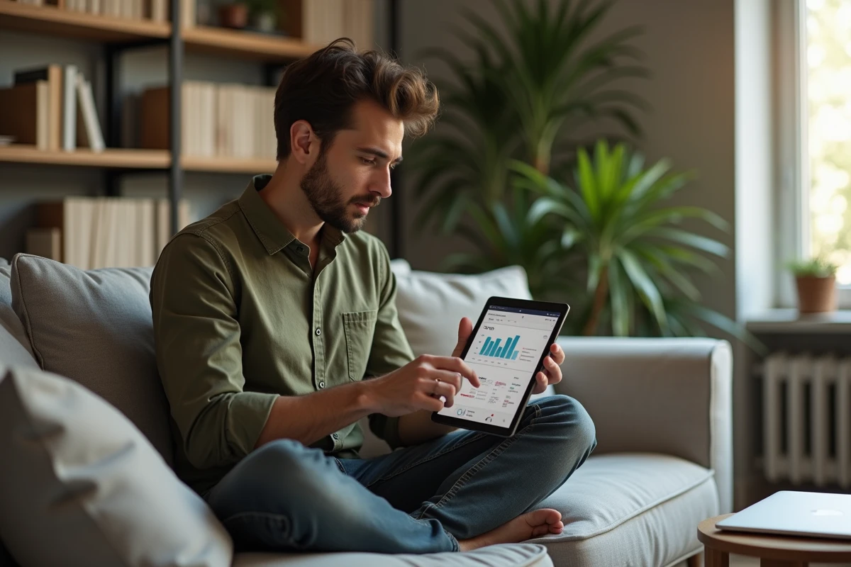 Jeune entrepreneur gérant ses dossiers clients sur tablette depuis son bureau à domicile