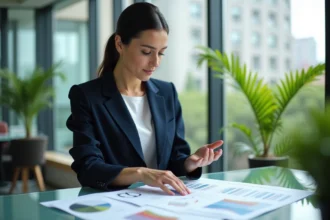 Collaboratrice d'entreprise analysant des rapports de développement durable dans un bureau moderne éco-responsable