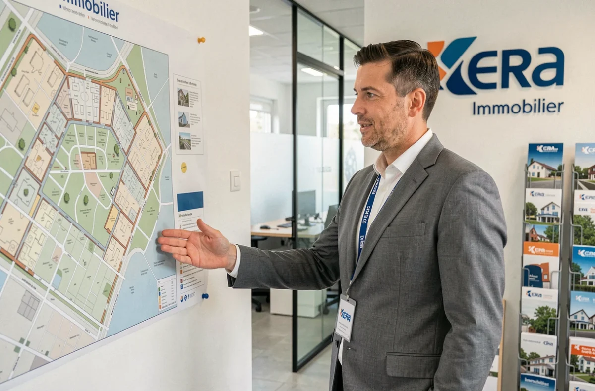 Agent ERA Immobilier Cité d'Alby présentant une carte des propriétés dans l'agence à Albi