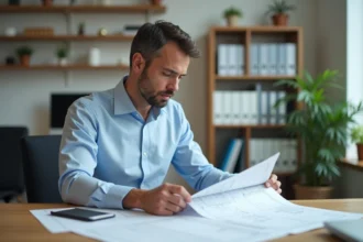 Homme en chemise bleue étudiant des plans et un contrat de prêt PTZ à taux zéro sur un bureau en bois dans un bureau moderne