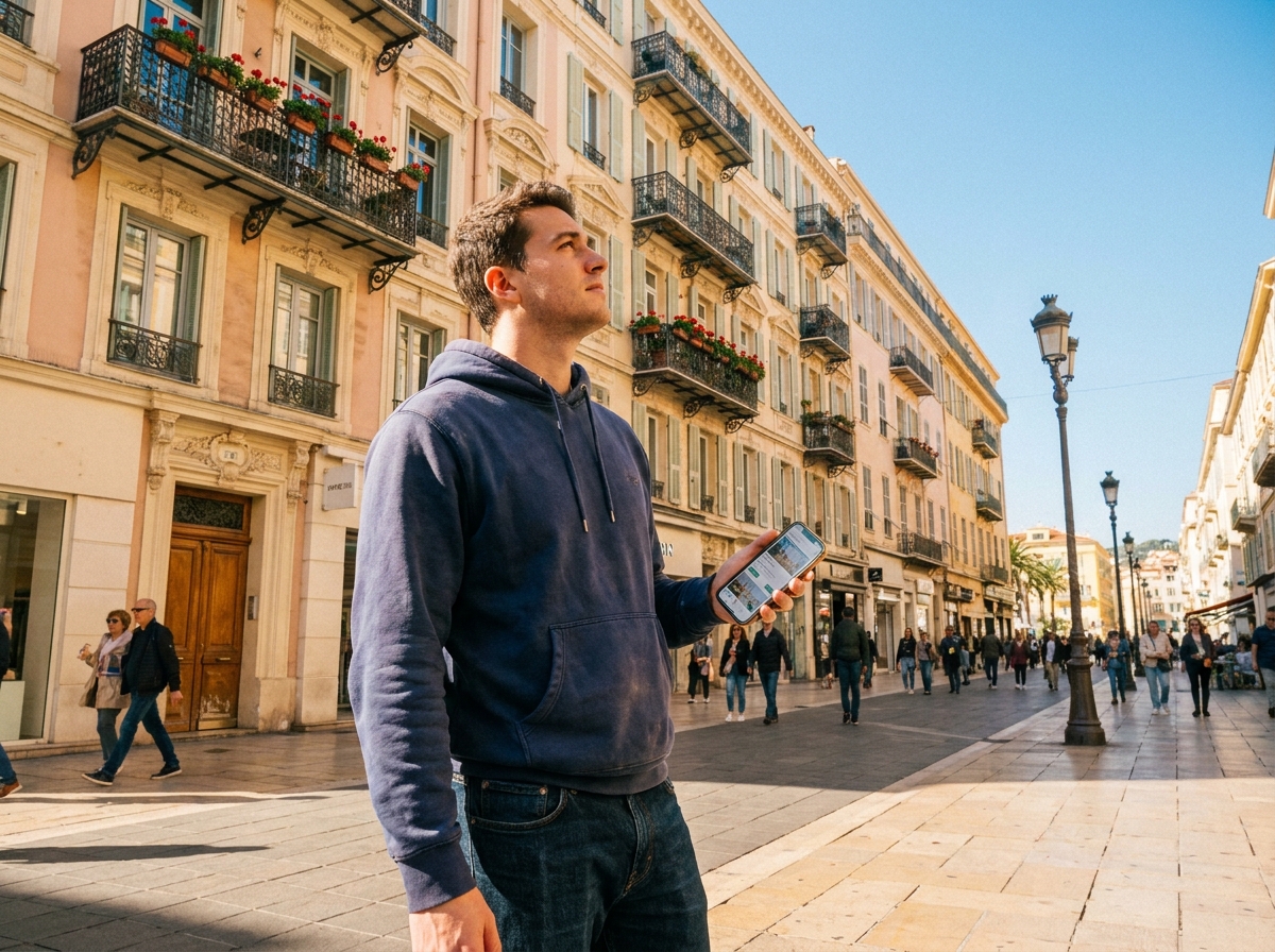 Jeune étudiant devant un immeuble à louer dans une rue de Nice avec son smartphone