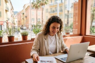 Étudiante cherchant un logement à Nice sur son ordinateur portable dans un café méditerranéen