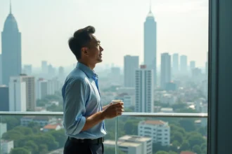 Expatrié sur le balcon d'un condominium avec services à Bangkok contemplant le panorama urbain