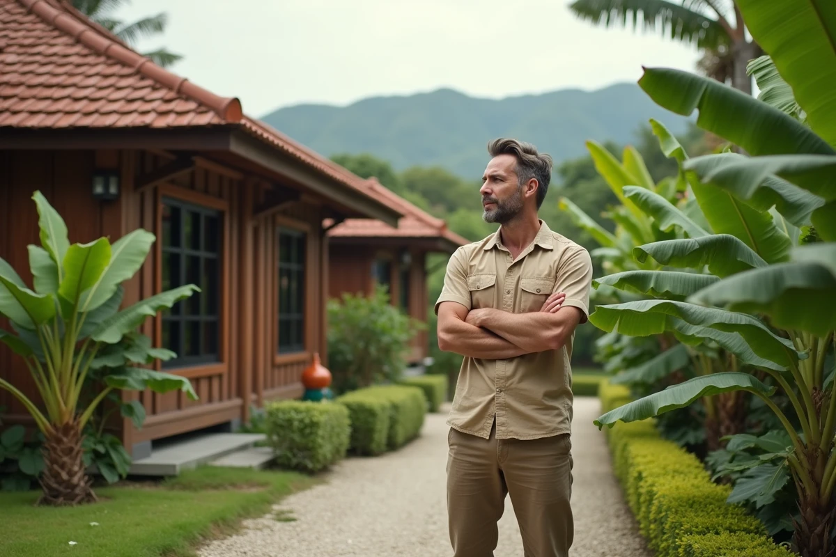 Expatrié occidental devant une maison individuelle de style thaïlandais à Chiang Mai entourée de végétation tropicale