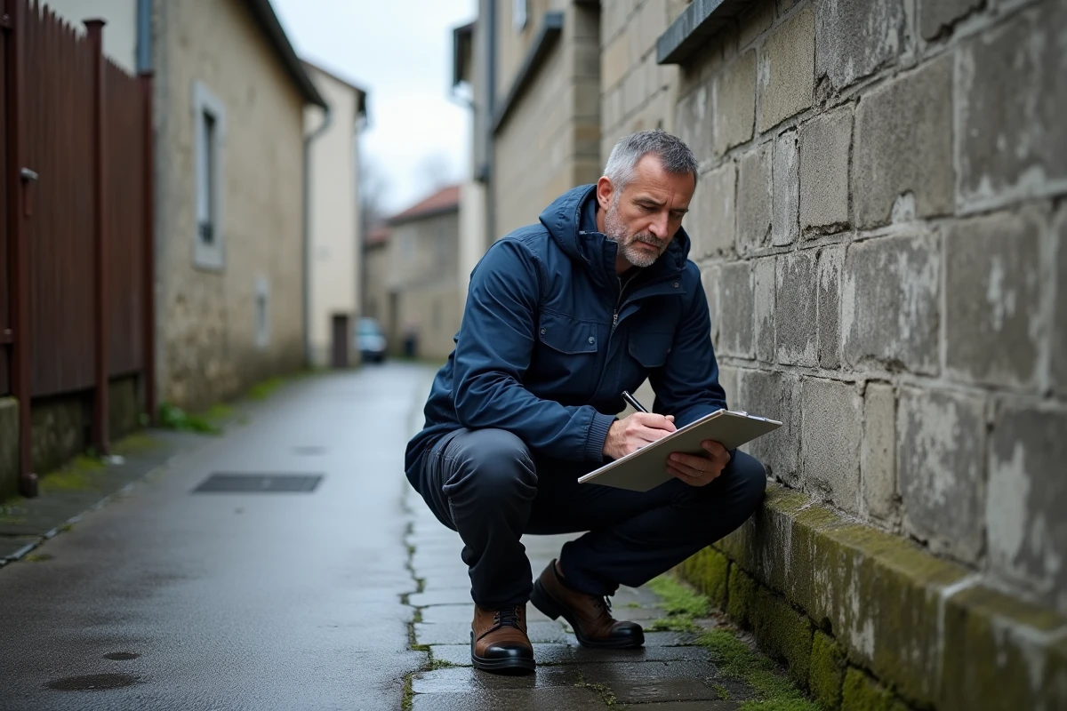 Expert immobilier inspectant les fissures et l'humidité d'un mur en mâchefer lors d'un diagnostic technique de maison ancienne