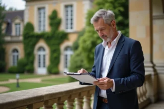 Expert immobilier de prestige évaluant un château français sur la terrasse en pierre avec documents d'estimation
