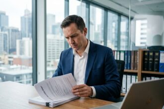 Expert immobilier professionnel analysant des documents de valorisation d'actifs dans un bureau moderne avec vue urbaine