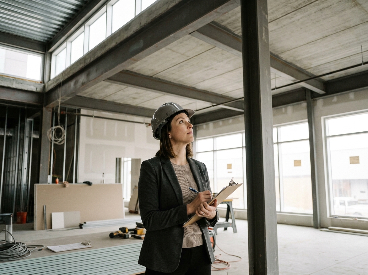 Experte en expertise immobilière inspectant un bâtiment commercial industriel en cours de rénovation avec clipboard
