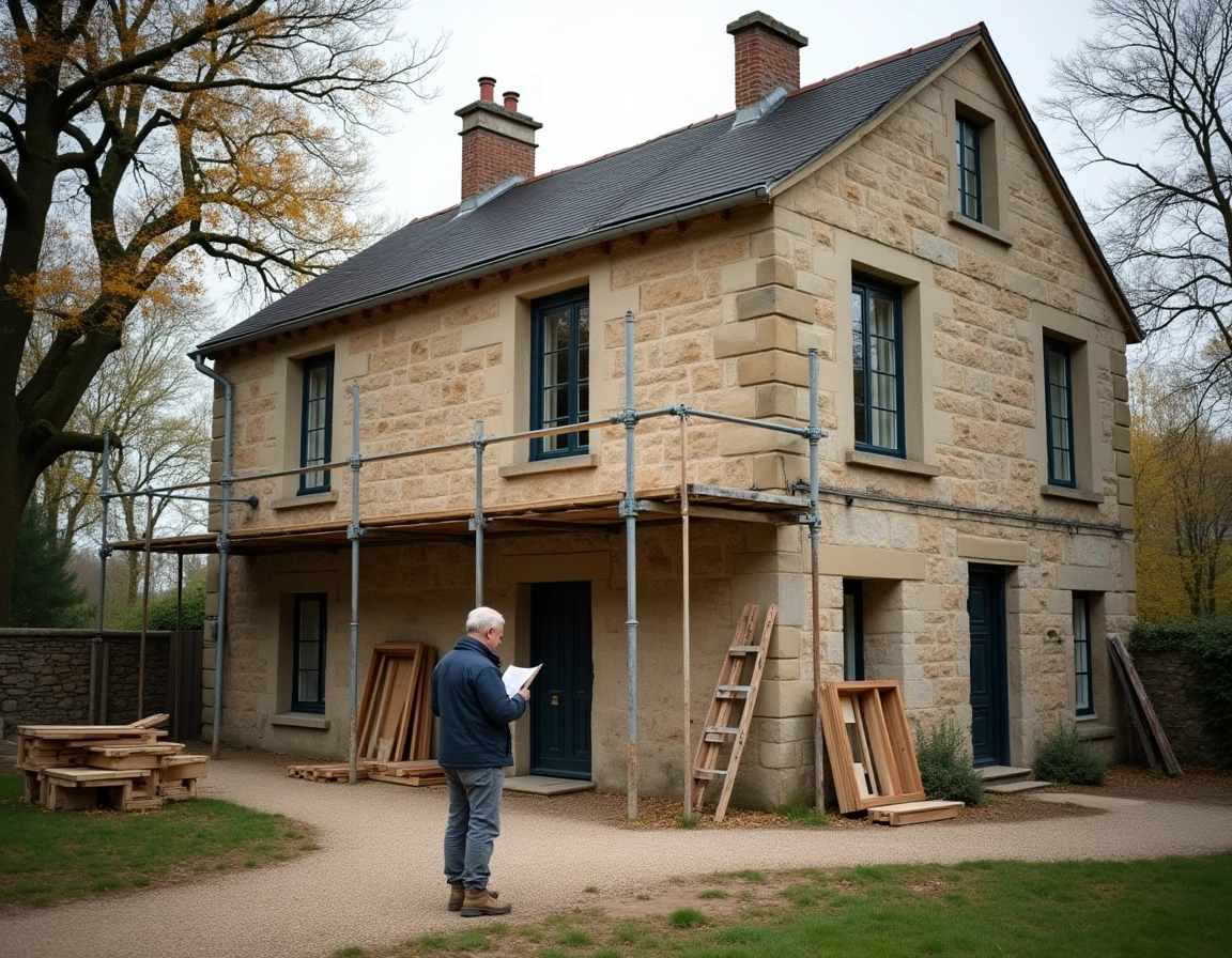 Vue extérieure d'une maison ancienne en rénovation avec échafaudage et artisan consultant un guide de travaux
