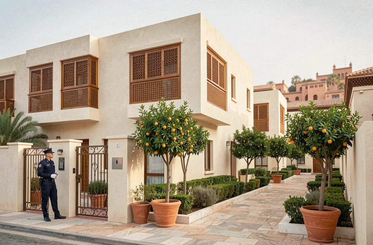 Façade extérieure d'une résidence sécurisée à Marrakech avec jardins communs et portail d'entrée surveillé pour appartements à vendre