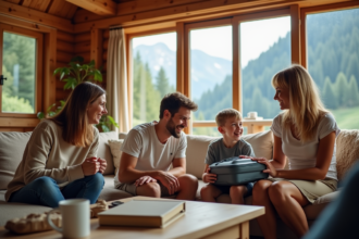 Famille multigenerational dans un chalet rustique souriant