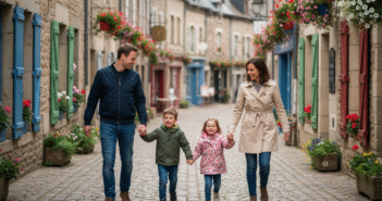 Famille souriante marchant dans une ville française