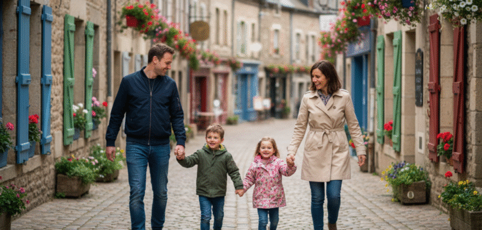 Famille souriante marchant dans une ville française