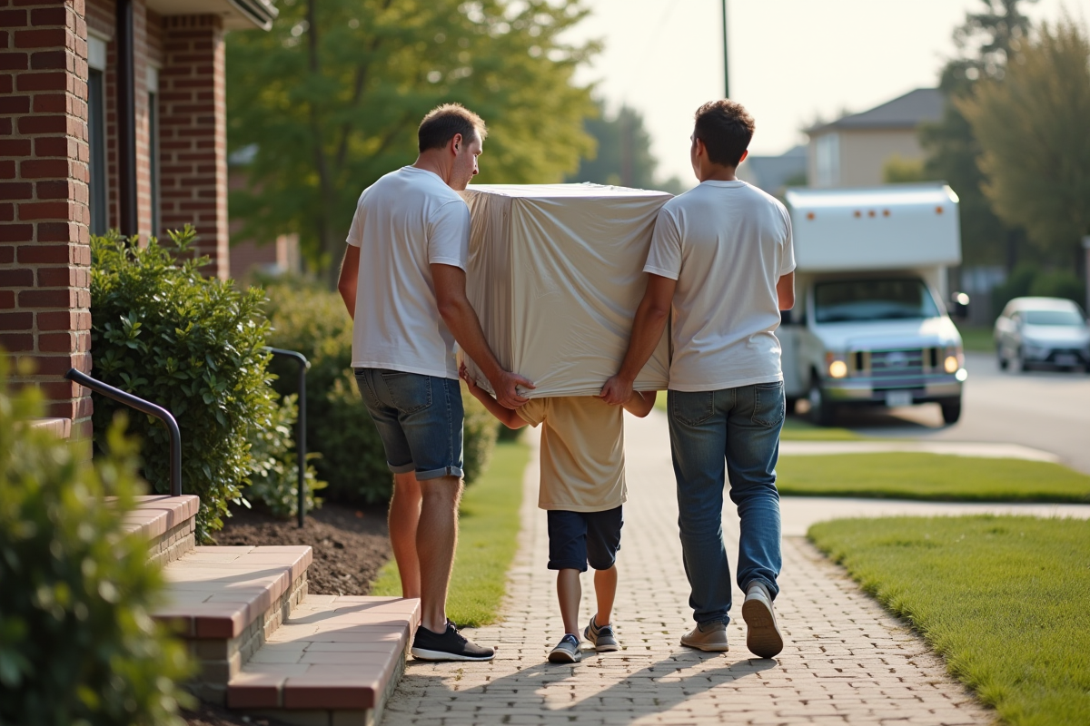 Père et fils portant un grand miroir dans une maison de banlieue