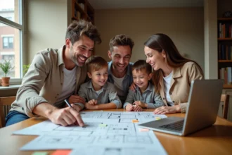 Famille réunie autour d'une table avec des plans de logement et un ordinateur pour préparer leur recherche immobilière