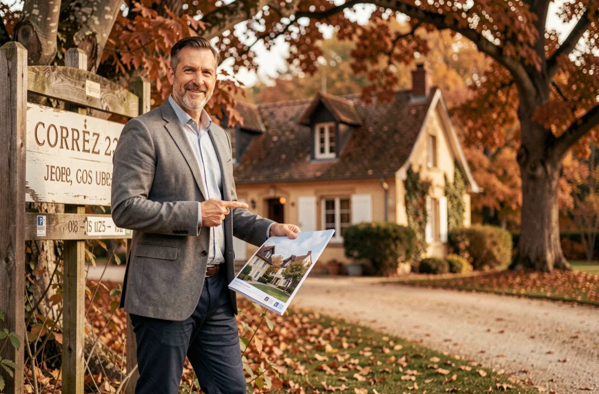 Agent de Faure Immobilier devant une propriété rurale corrézienne entourée de chênes en automne