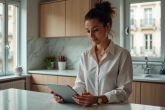 Femme en cuisine regardant des annonces immobilières à Paris