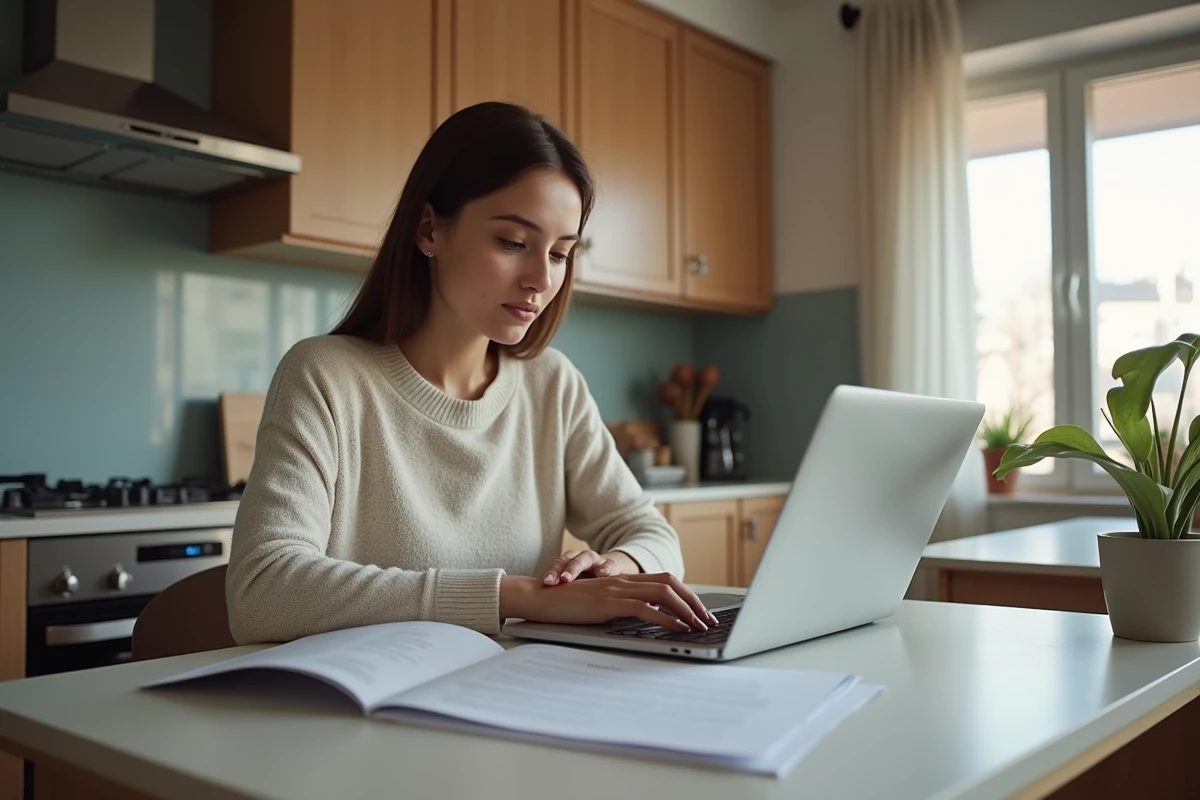 Femme examinant documents immobiliers à la maison