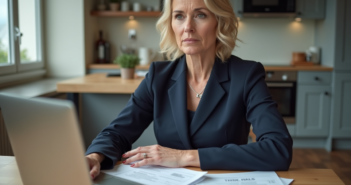 Femme d'affaires concentrée avec documents fiscaux dans une cuisine moderne