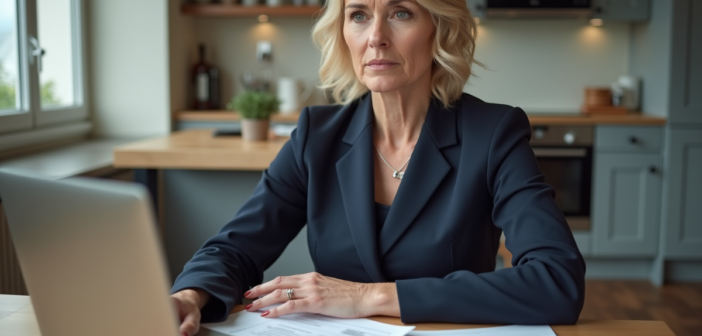 Femme d'affaires concentrée avec documents fiscaux dans une cuisine moderne