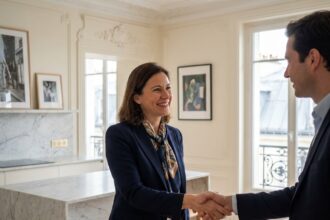 Femme d affaires en costume serré serre la main d un agent immobilier
