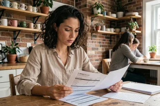 Femme analysant une petite annonce d'habitat partagé dans une cuisine d'appartement en colocation