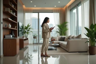 Femme élégante inspectant un appartement moderne à Abidjan