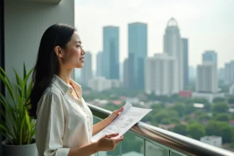 Femme thaïlandaise sur le balcon d'un condominium moderne à Bangkok tenant des plans immobiliers, avec vue sur la skyline urbaine