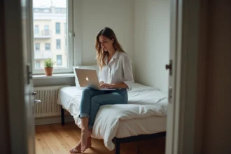Jeune femme sur son lit avec ordinateur dans un studio