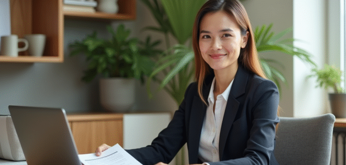 Femme confiante au bureau dans un espace lumineux