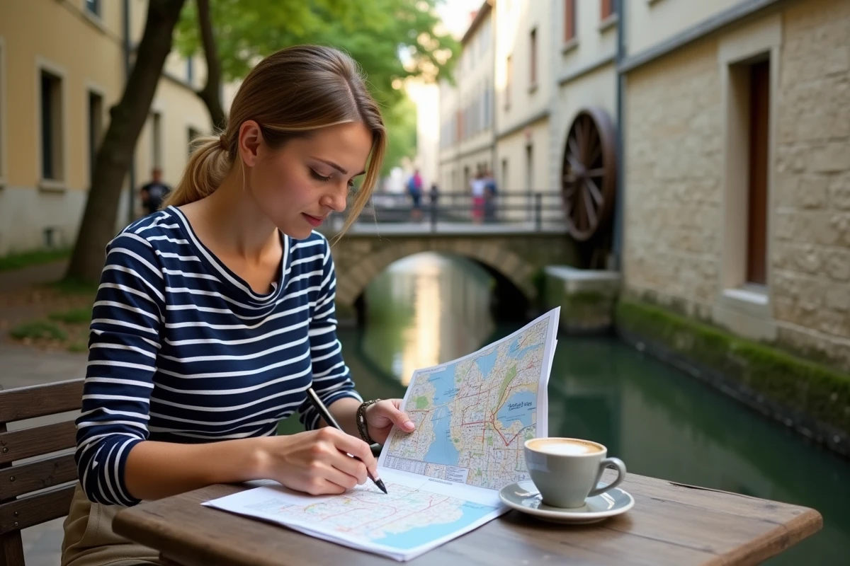 Femme consultant une carte des quartiers d'Avignon en terrasse de café dans le quartier des Teinturiers