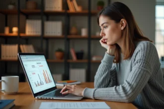 Femme utilisant Castorus sur son ordinateur portable pour suivre les baisses de prix immobilier