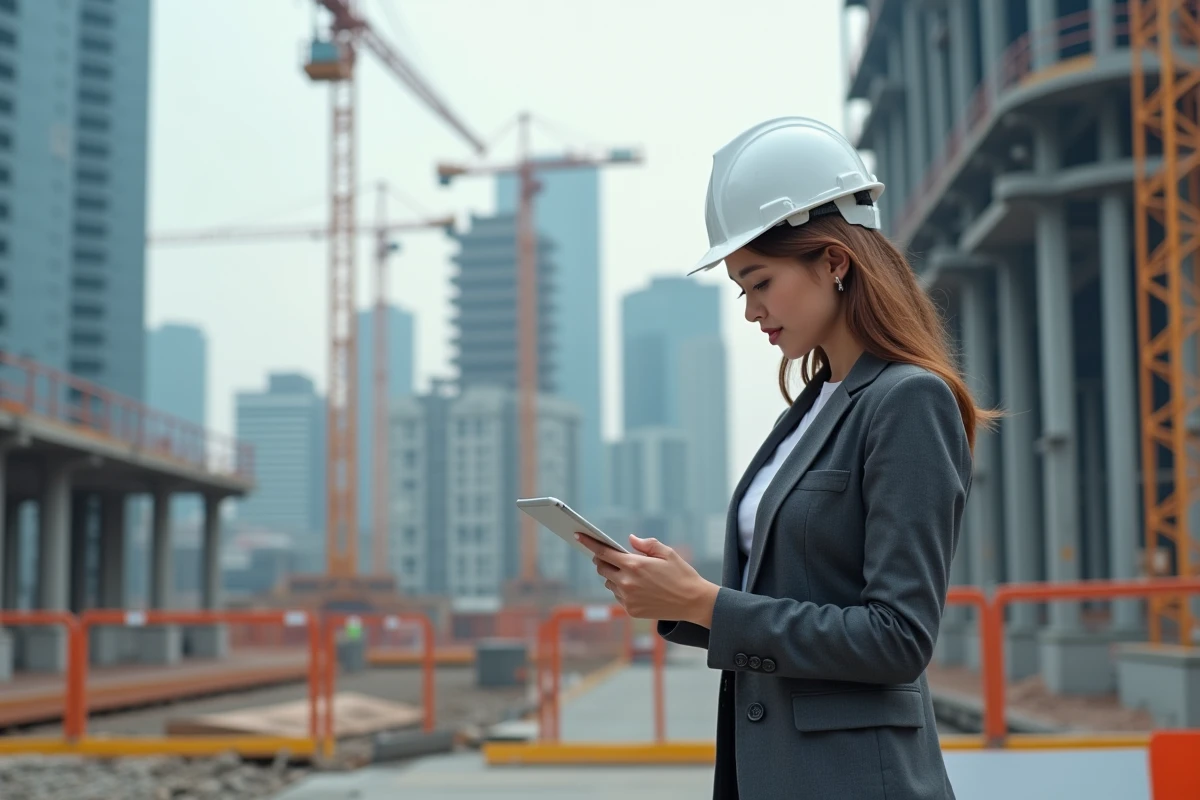 Jeune femme professionnelle sur un site de construction urbaine