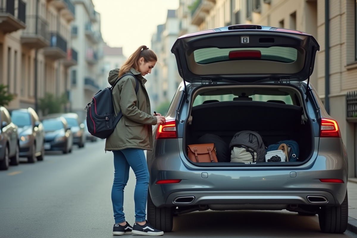 Jeune femme vérifiant son kit photo dans le coffre de sa voiture