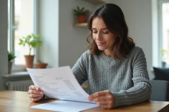 Femme consultant un relevé bancaire mentionnant une adresse inconnue au 121 rue Manin Paris 19